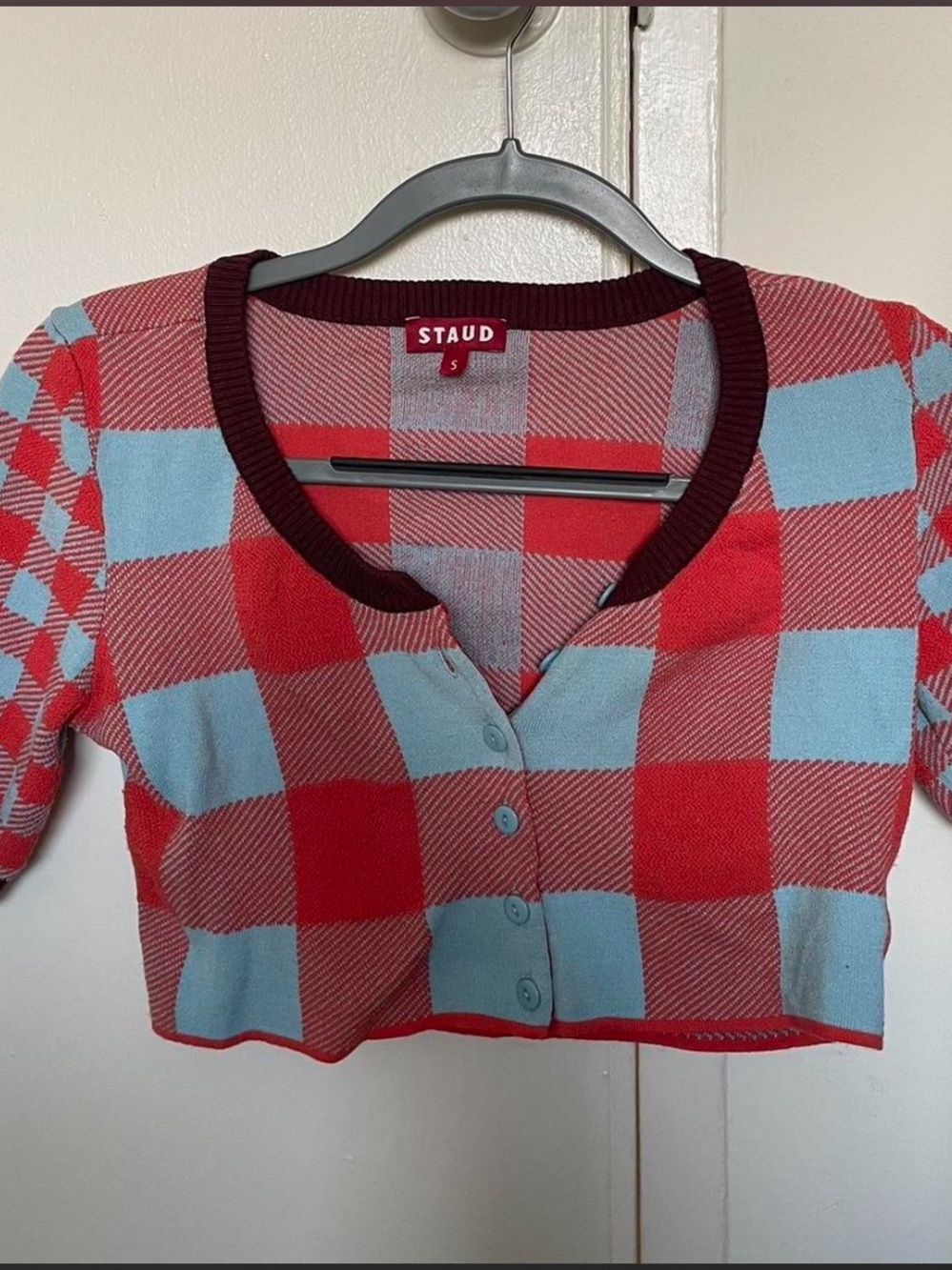 STAUD Red and Light Blue Checkered Cropped Cardigan